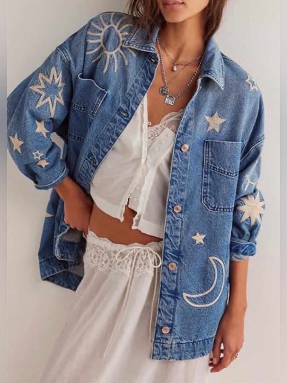 Embroidered Moon & Star Denim Jacket - Blue